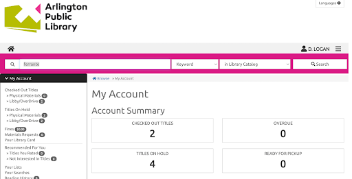 Catalog homepage for the Arlington Public Library in Arlington, VA.