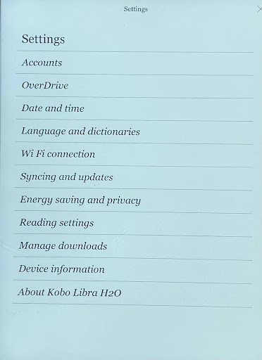 Kobo settings menu