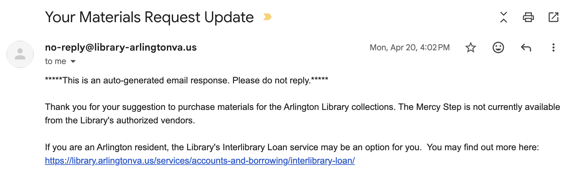 Screenshot of a library material request